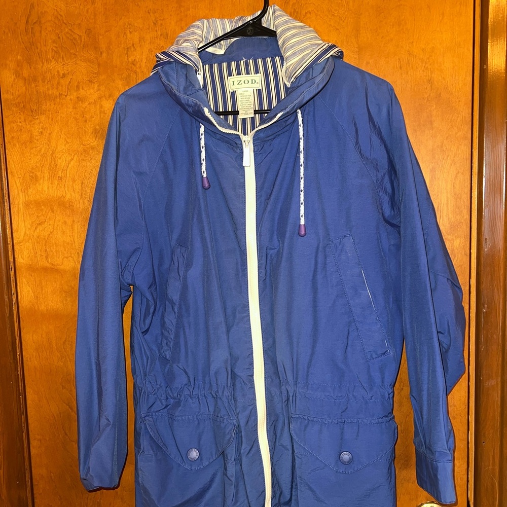 Izod Navy Blue Hooded Windbreaker with Striped Lining